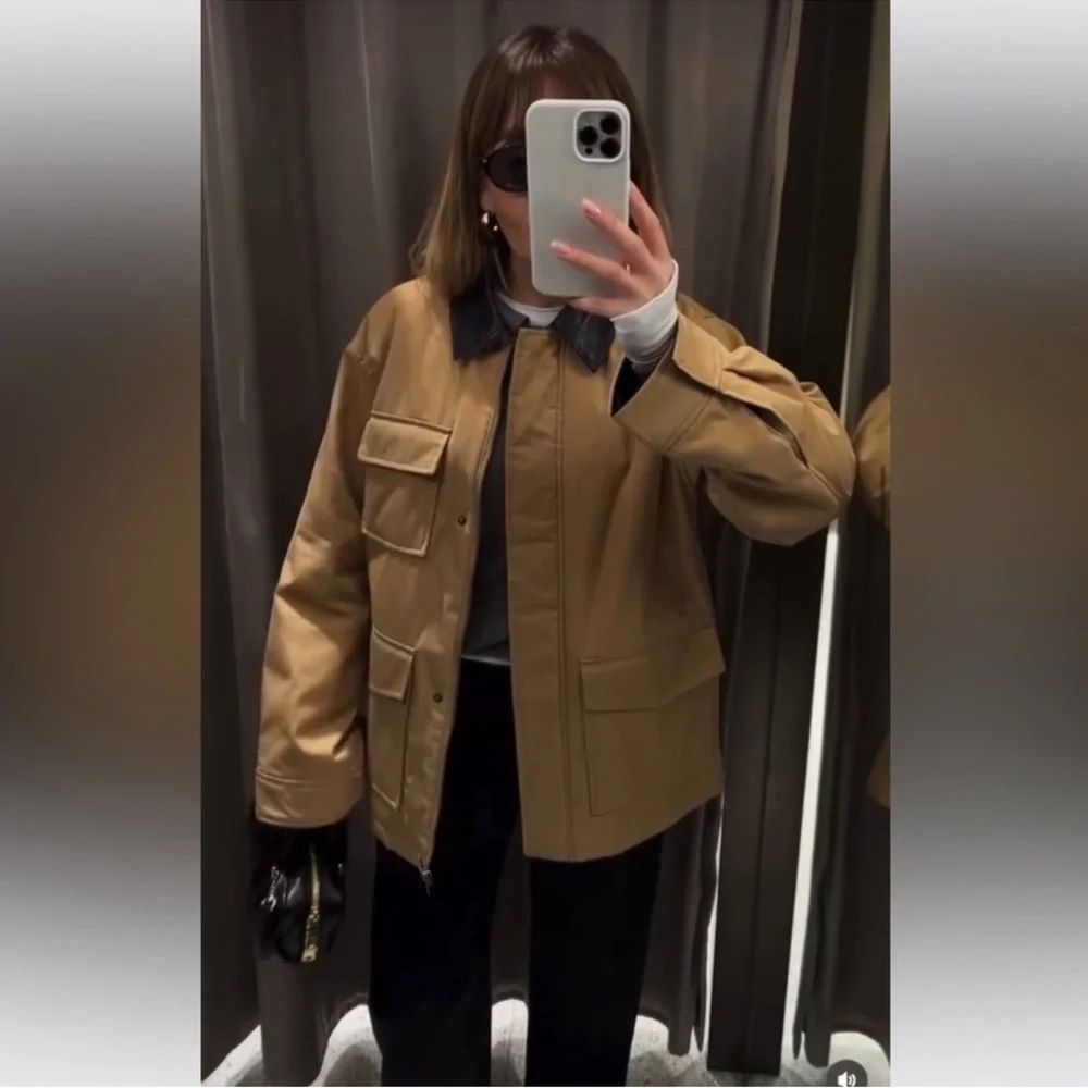 ZARA Beige Field Jacket with Black Contrast Collar